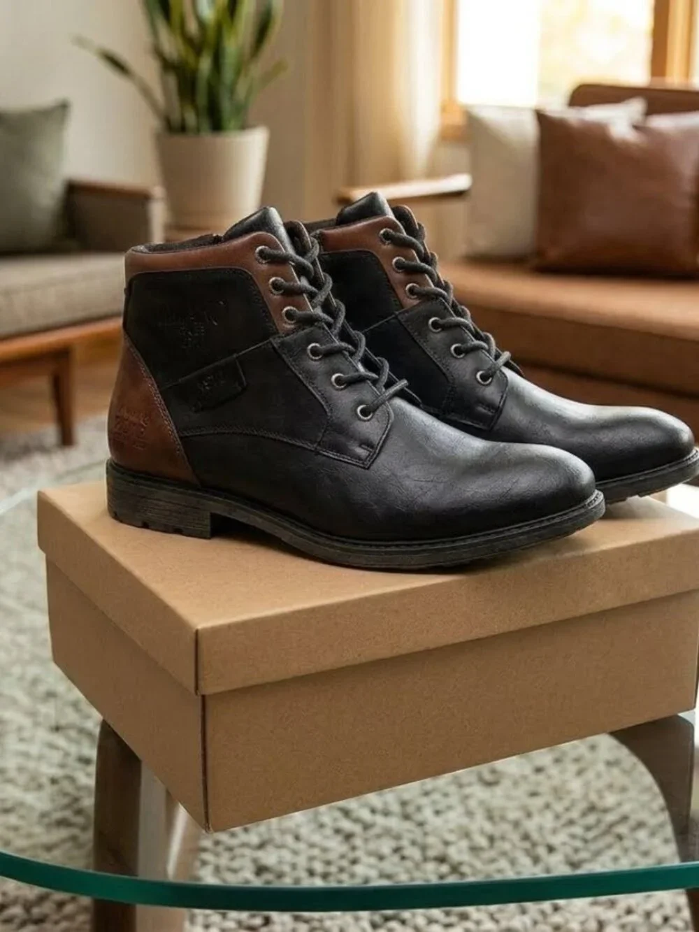 Men's Black Leather Oxford Boots Lace-Up Side Zipper Casual